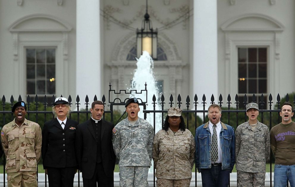 PHOTO: In this Nov. 15, 2010, file photo, gay rights activists and gay veterans handcuff themselves to the fence of the White House during a protest in Washington, D.C.