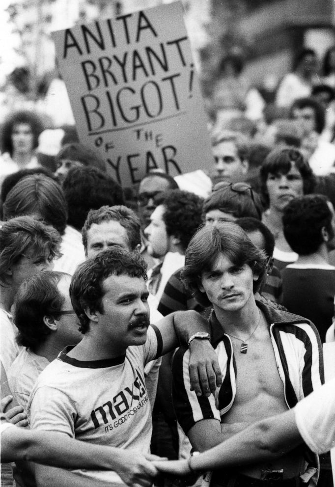 PHOTO: Gay rights activists protest Anita Bryant's anti-gay campaign during her participation in the Southern Baptist Convention in Atlanta, June 1978.