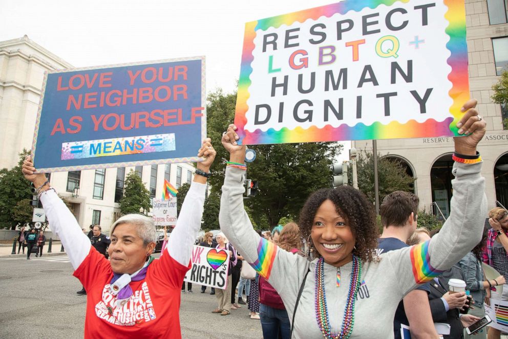 PHOTO: Gay and transgender activists demonstrated as the U.S. Supreme Court heard oral arguments in cases dealing with workplace discrimination based on sexual orientation, in Washington D.C. on Oct. 8, 2019.