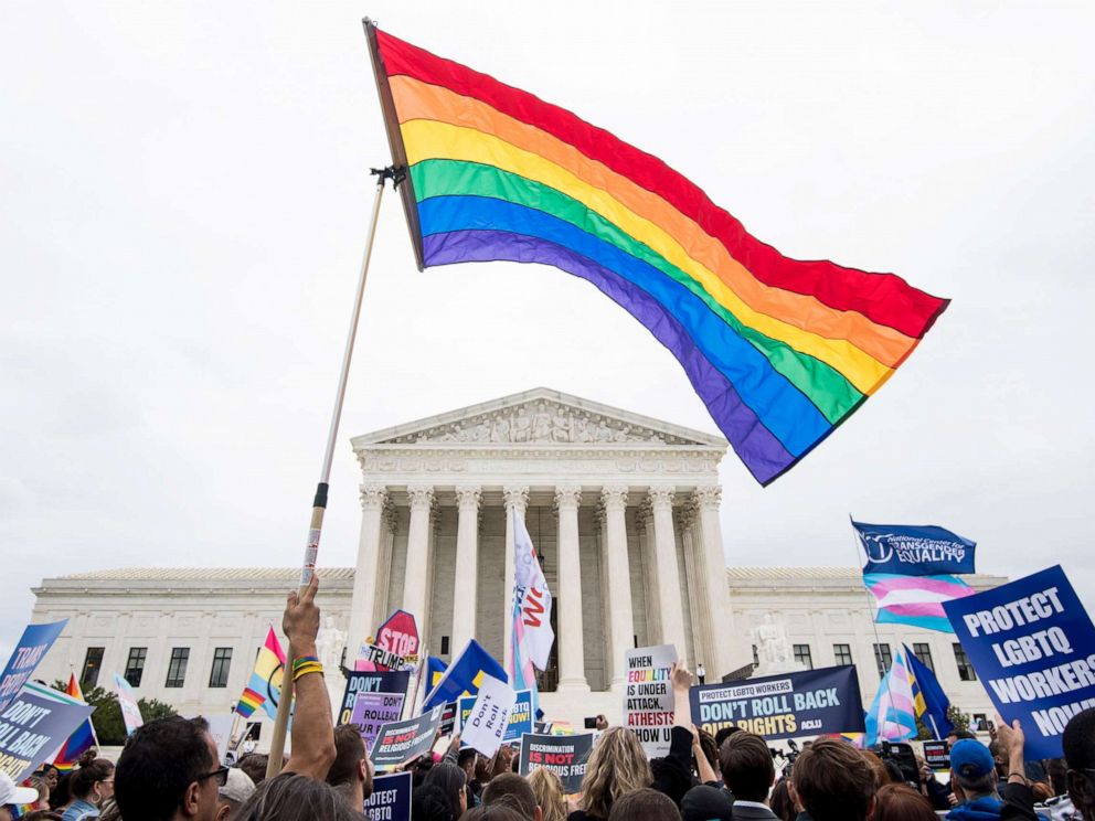 PHOTO: Protesters rally in front of the Supreme Court as it hears arguments on whether gay and transgender people are covered by a federal law barring employment discrimination on the basis of sex on Oct. 8, 2019.