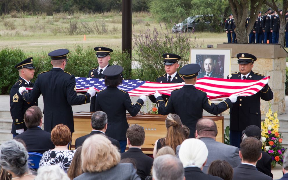 PHOTO: In this Nov. 14, 2017, file photo, soldiers prepare to drape the American flag over the casket bearing the remains of Gen.(Ret.) Richard H. Cavazos at the Fort Sam Houston National Cemetery, in San Antonio, Texas.