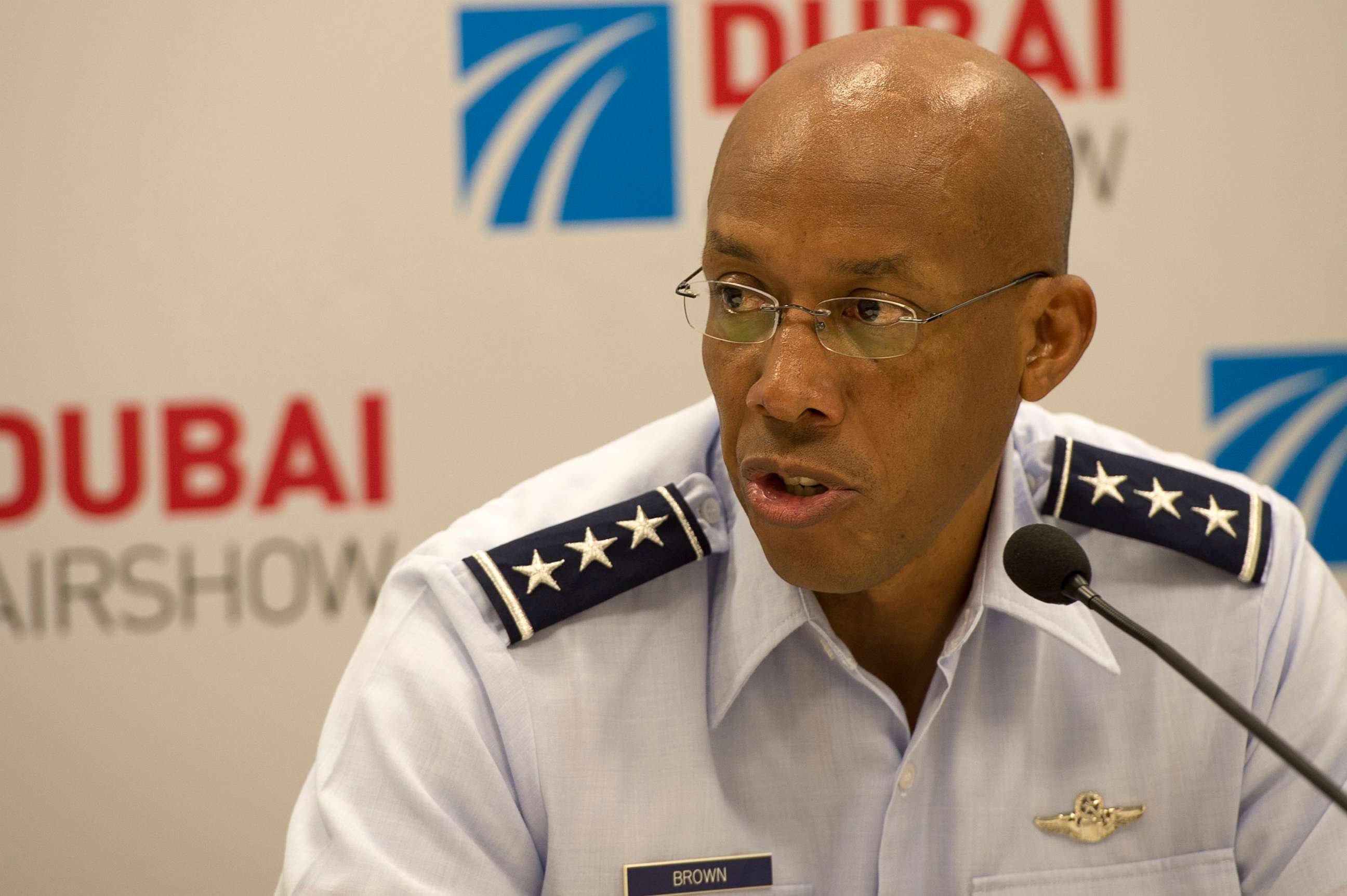 PHOTO: Lt. Gen. Charles Q. Brown Jr., U.S. Air Forces Central Command commander, answers questions during a press conference, Nov. 10, 2015, at the 2015 Dubai Air Show, United Arab Emirates.
