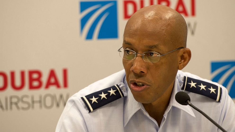 PHOTO: Lt. Gen. Charles Q. Brown Jr., U.S. Air Forces Central Command commander, answers questions during a press conference, Nov. 10, 2015, at the 2015 Dubai Air Show, United Arab Emirates.