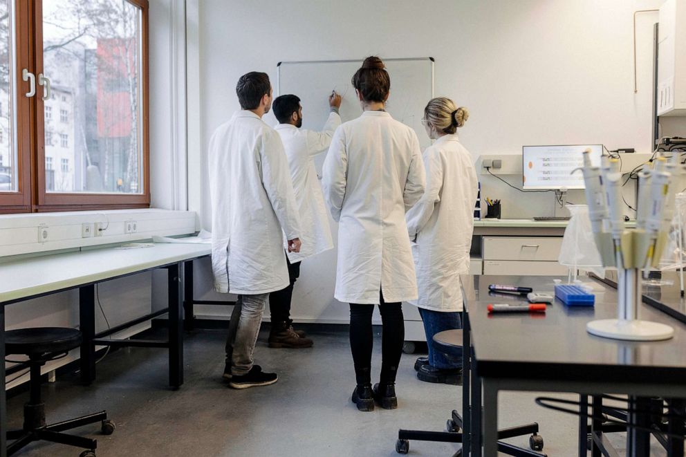 STOCK PHOTO: A group of medical students discussing some work while huddled around a whiteboard at the lab together.