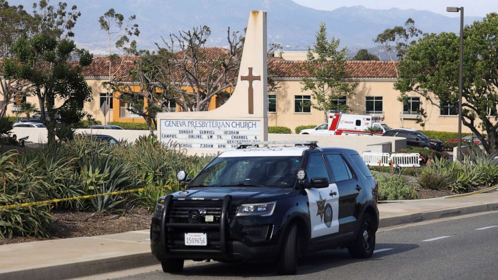 PHOTO: A police car is seen after a deadly shooting at Geneva Presbyterian Church in Laguna Woods, Calif., May 15, 2022.
