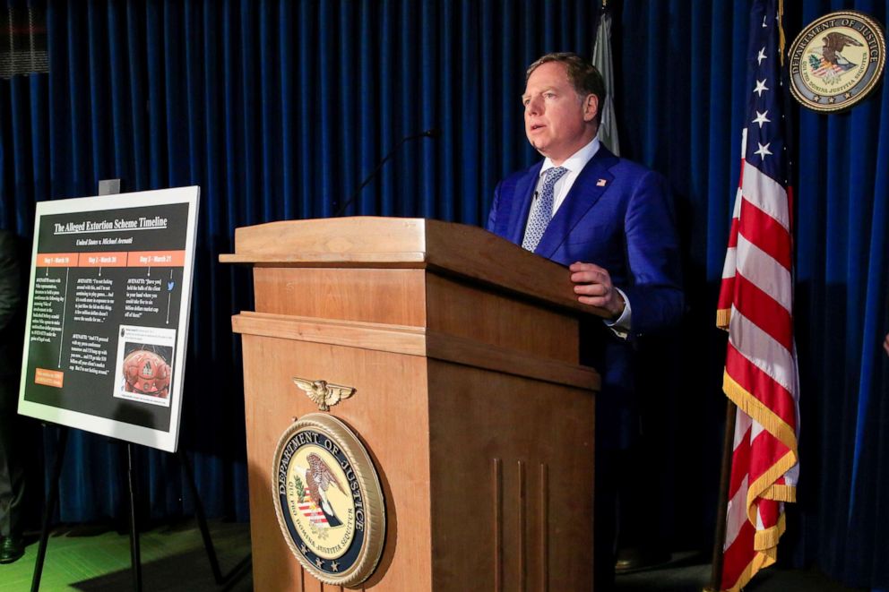PHOTO: Attorney Geoffrey Berman speaks during a news conference announcing charges against attorney Michael Avenatti with extorting more than $20 million from Nike according to a criminal complaint filed by federal authorities in New York, March 25, 2019.