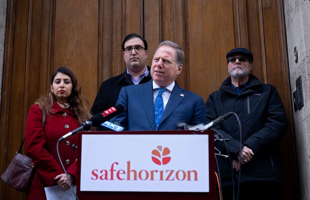 PHOTO: Attorney Geoffrey Berman speaks at an event held by Safe Horizon in front of Jeffrey Epstein's Manhattan residence as they raise awareness for New York State's Child Services Act, Jan. 27, 2020, in New York.