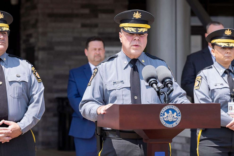 PHOTO: Lieutenant Colonel George Biven provides an update on the two Pennsylvania State Police Troopers shot in Juniata County, in Harrisburg, PA, June 18, 2023.