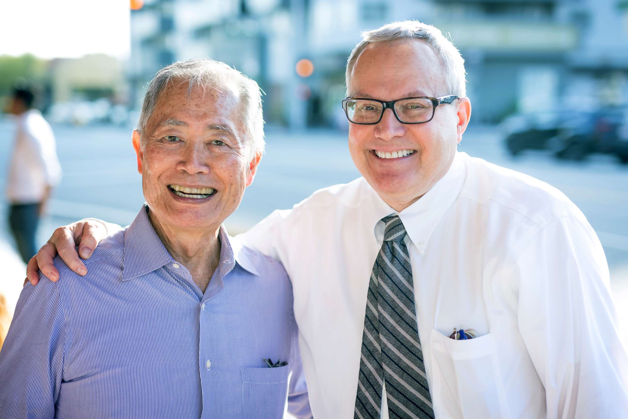 PHOTO: Actor George Takei and husband Brad Takei, right, attend the opening night of "King Of The Yees" at the Kirk Douglas Theatre, July 16, 2017, in Culver City, California.