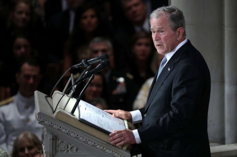 PHOTO: Former President George Bush speaks at the memorial service of Sen. John McCain at National Cathedral in Washington, D.C., Sept. 1, 2018.