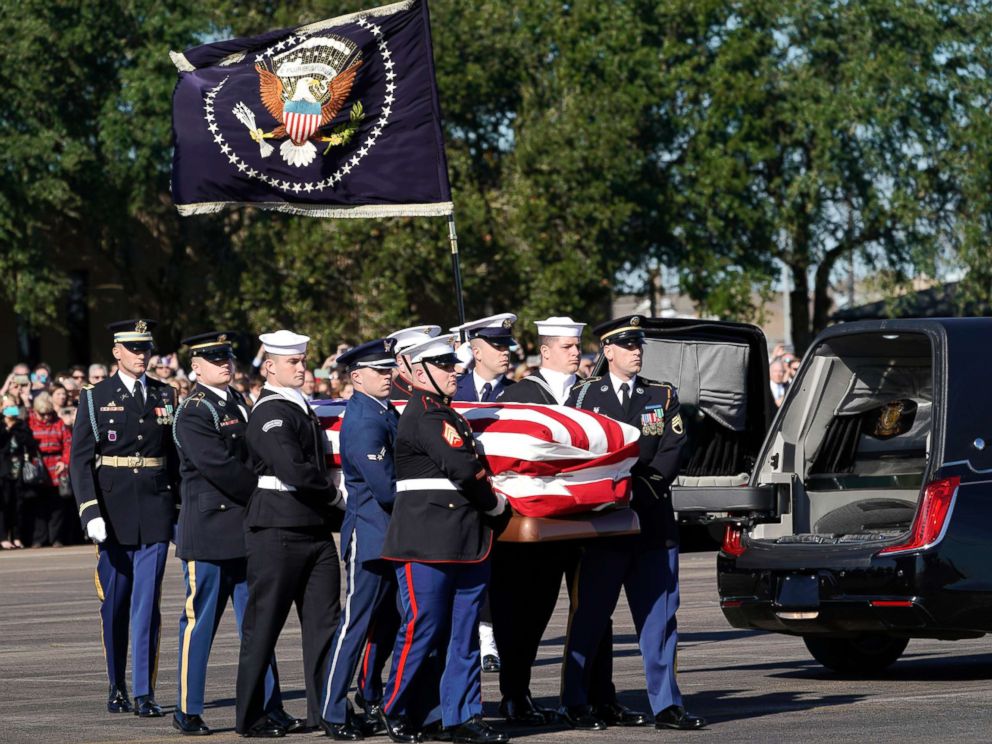 PHOTO: The flag-draped casket of former President George H.W. Bush is carried by a joint services military honor guard in Houston, Dec. 3, 2018.