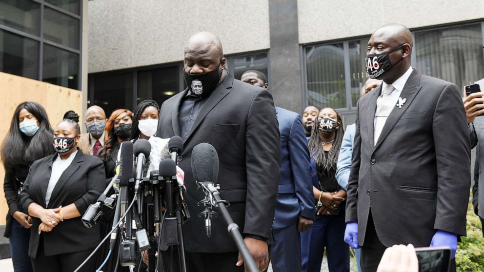PHOTO: George Floyd's brother Rodney Floyd addresses the media outside the Hennepin County Family Justice Center during a court hearing for police officers charged in death of George Floyd in Minneapolis, Sept. 11, 2020.