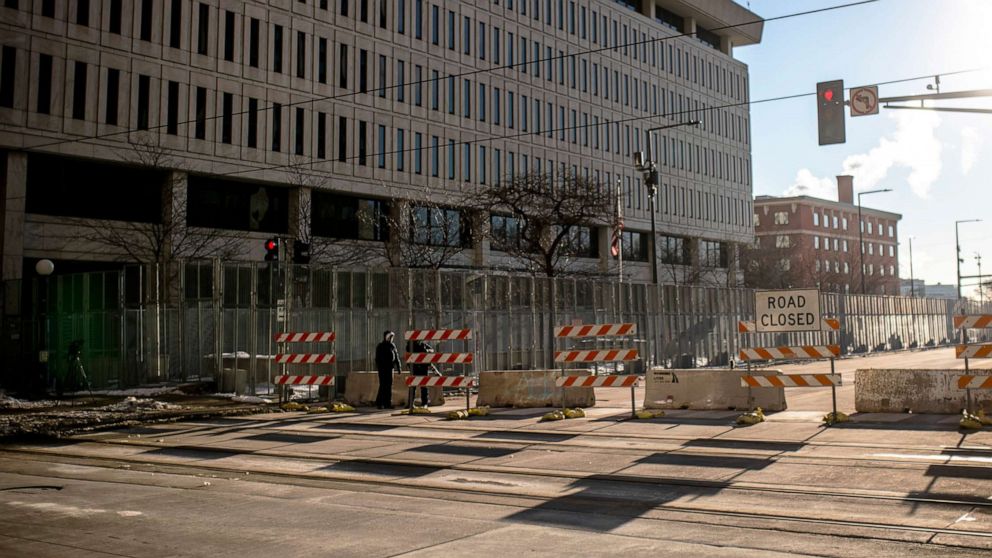 PHOTO: Fencing and barricades surround the perimeter of the Warren E. Burger Federal Building and U.S. Courthouse on Jan. 20, 2022, in St Paul, Minn.
