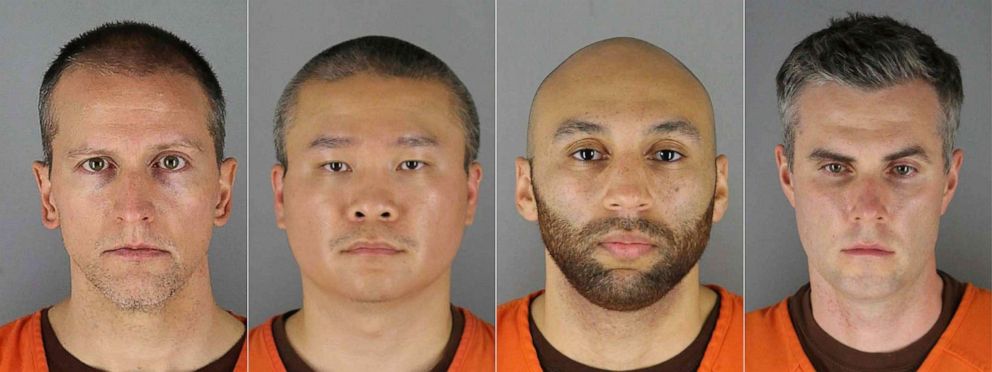 PHOTO: Former Minneapolis police officers Derek Chauvin, Tou Thao, J. Alexander Kueng and Thomas Kiernan Lane are seen in a composite image of thier booking photos released by the Hennepin County Jail.