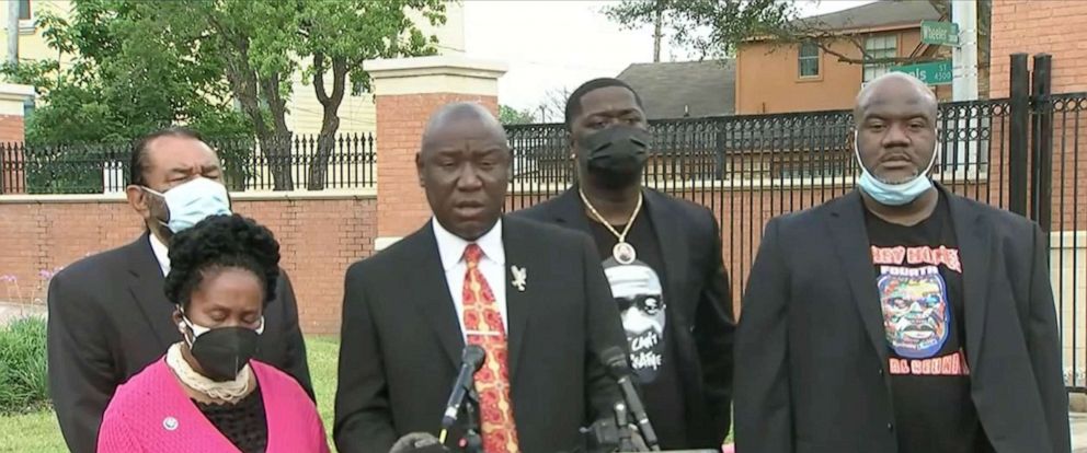 PHOTO: Attorney Benjamin Crump and Rep. Shiela Jackson Lee are joined by family members of George Floyd during a press conference to make comments on the federal indictment of Derek Chauvin in Houston, May 8, 2021.