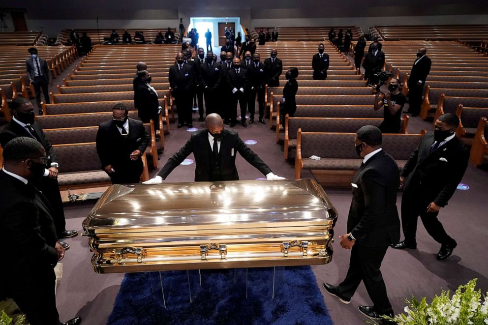 PHOTO: The casket of George Floyd is placed in the chapel during a funeral service for Floyd at the Fountain of Praise church, in Houston, June 9, 2020.