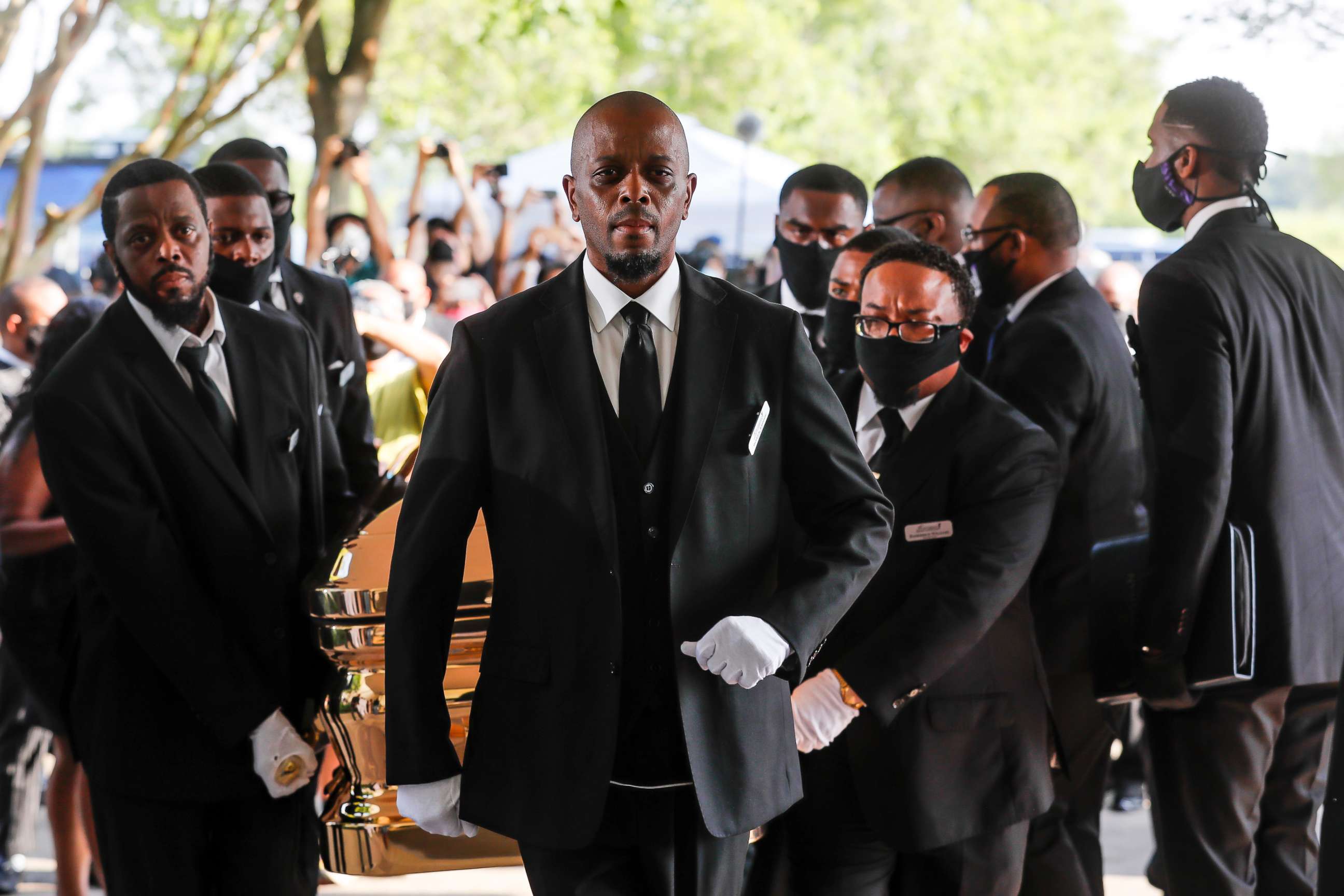 PHOTO: Pallbearers bring the coffin into The Fountain of Praise church in Houston for the funeral for George Floyd on June 9, 2020.