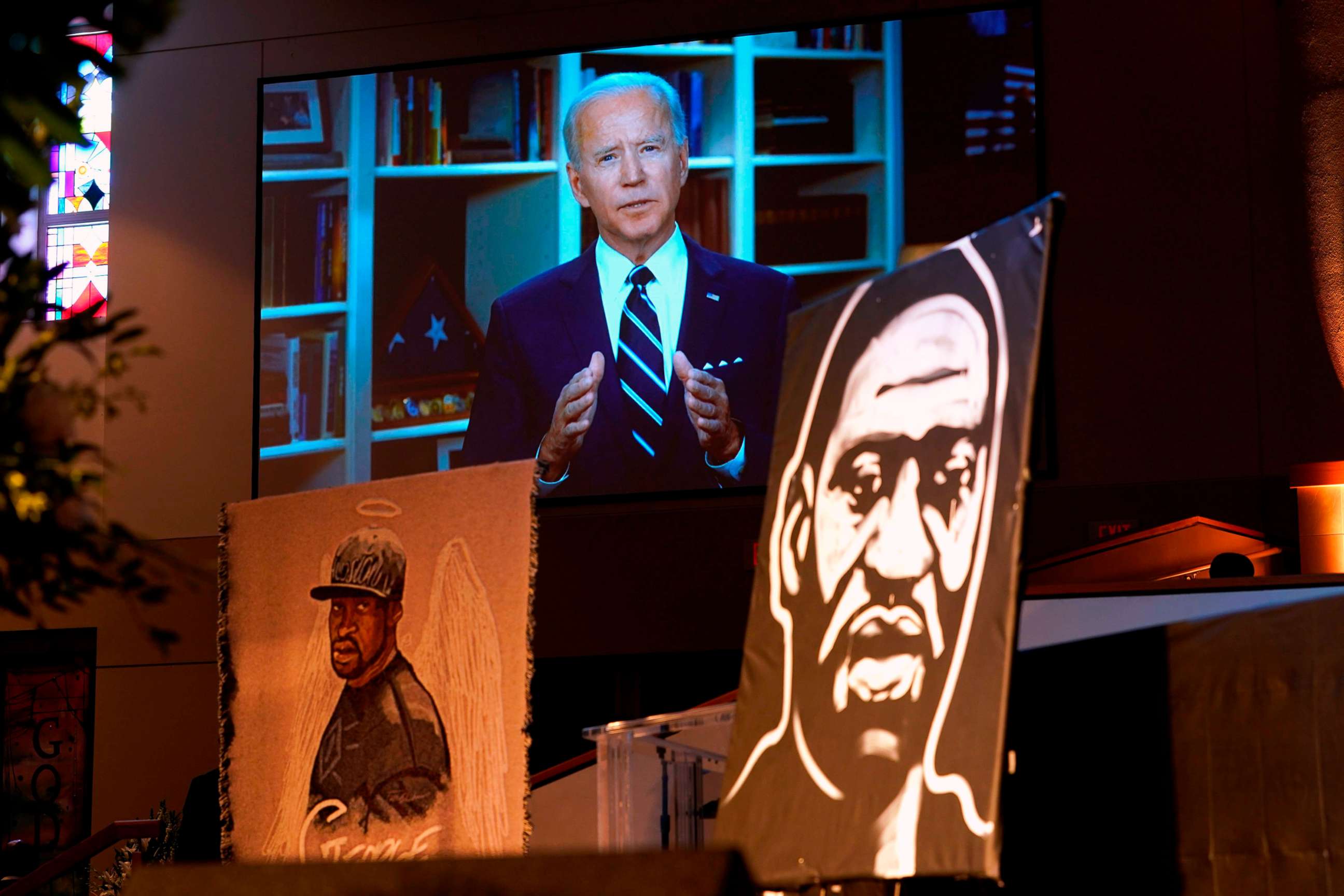 PHOTO: Former Vice President Joe Biden speaks via video link as family and guests attend the funeral service for George Floyd at The Fountain of Praise Church on June 9, 2020, in Houston.