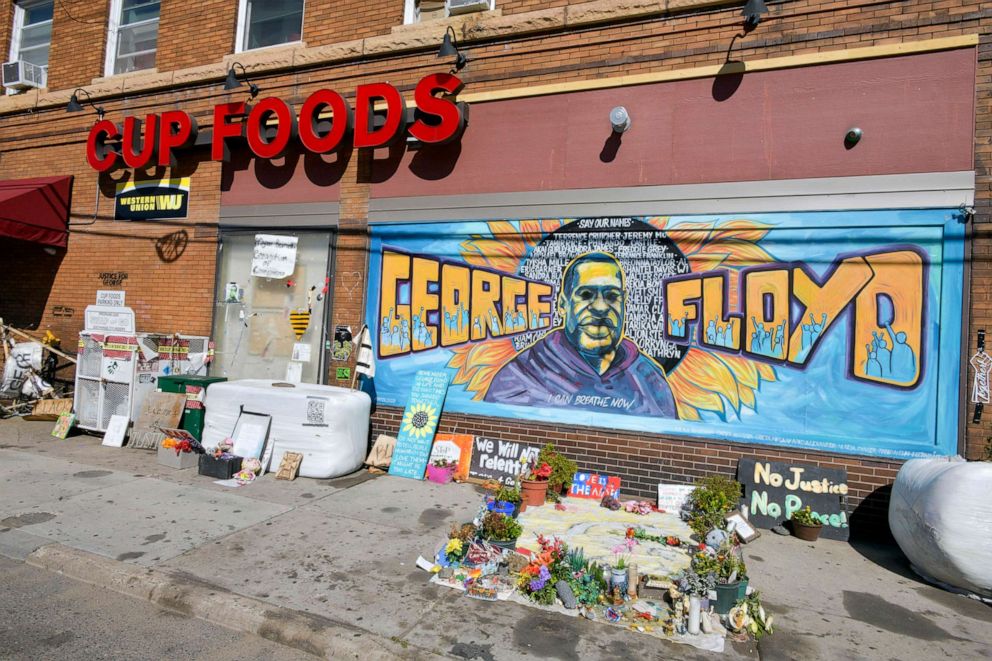 PHOTO: The George Floyd memorial and mural is pictured outside Cup Foods in Minneapolis, Minn. on Sept. 18, 2020.