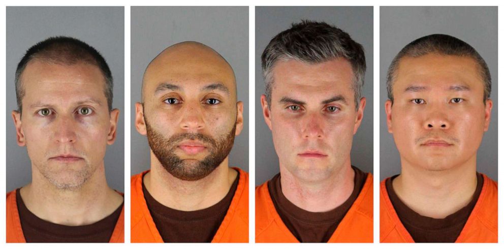 PHOTO: This combination of photos provided by the Hennepin County Sheriff's Office in Minnesota on 3, 2020, shows, from left, Derek Chauvin, J. Alexander Kueng, Thomas Lane and Tou Thao. 