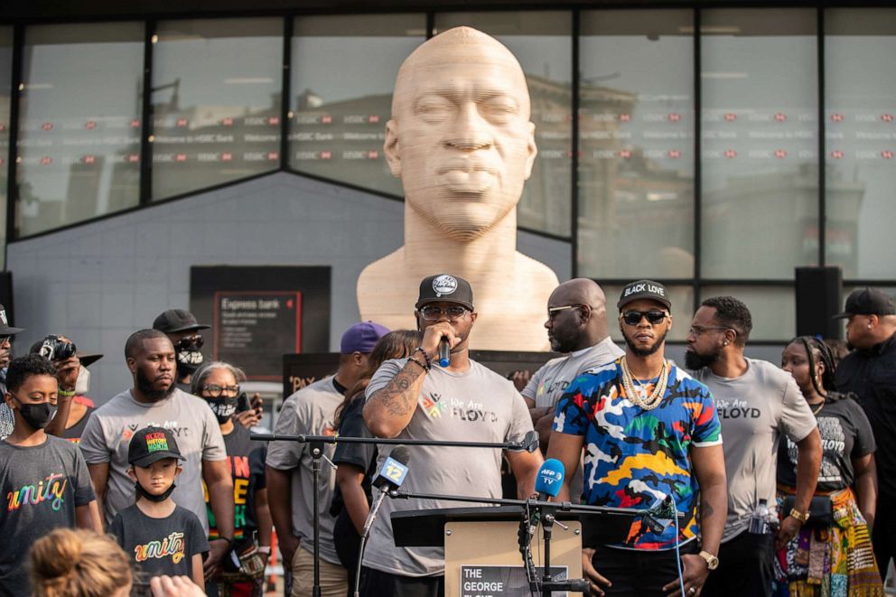 PHOTO: Terrence Floyd, brother of the late George Floyd who was killed by a police officer, speaks during the unveiling event of Floyd's statue, as part of Juneteenth celebrations in Brooklyn, N.Y., June 19, 2021.