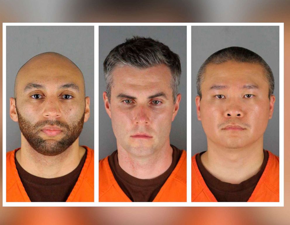 PHOTO: Former Minneapolis police officers J. Alexander Kueng, Thomas Lane and Tou Thao are shown in a composite of their criminal mugshots released by Hennepin County Sheriff's Office in Minnesota, June 3, 2020.