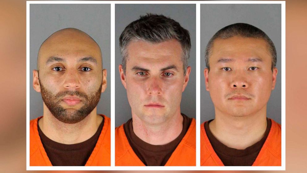 PHOTO: Former Minneapolis police officers J. Alexander Kueng, Thomas Lane and Tou Thao are shown in a composite of their criminal mugshots released by Hennepin County Sheriff's Office in Minnesota, June 3, 2020.