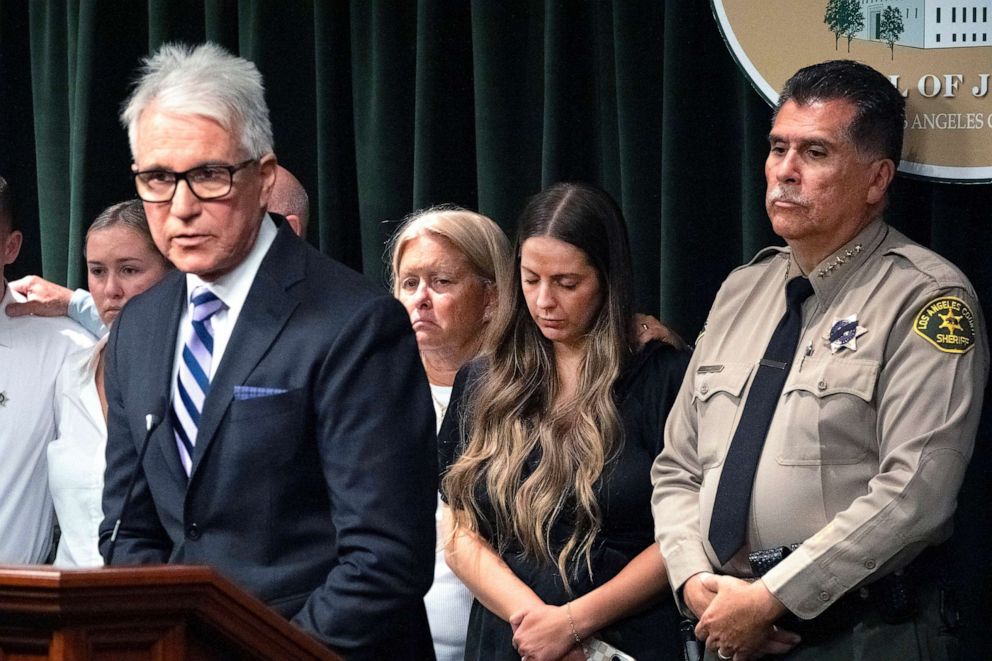 PHOTO: Los Angeles County District Attorney George Gascon makes an announcement in charges in the killing of sheriff's deputy Ryan Clinkunbroomer at the Hall of Justice in downtown Los Angeles on Sept. 20, 2023.