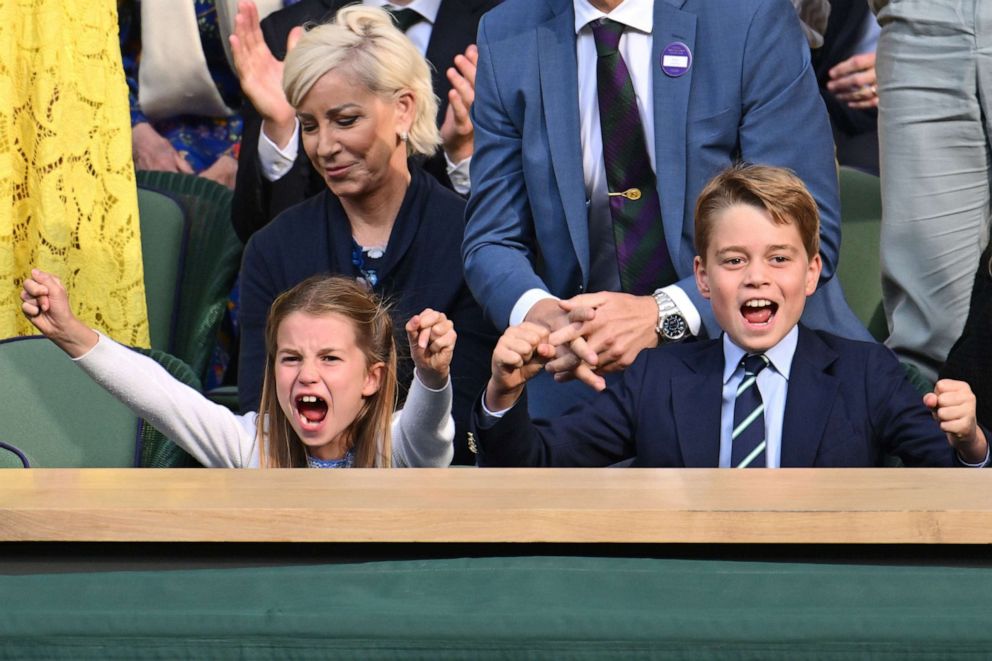 PHOTO: Princess Charlotte of Wales and Prince George of Wales celebrate during Carlos Alcaraz vs Novak Djokovic in the Wimbledon 2023 men's final on Centre Court during day fourteen of the Wimbledon Tennis Championships, July 16, 2023, in London.