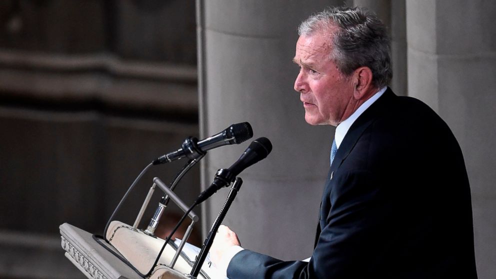 PHOTO: Former President George W. Bush speaks during a memorial service for Sen. John McCain at the Washington National Cathedral in Washington, D.C., Sept. 1, 2018.