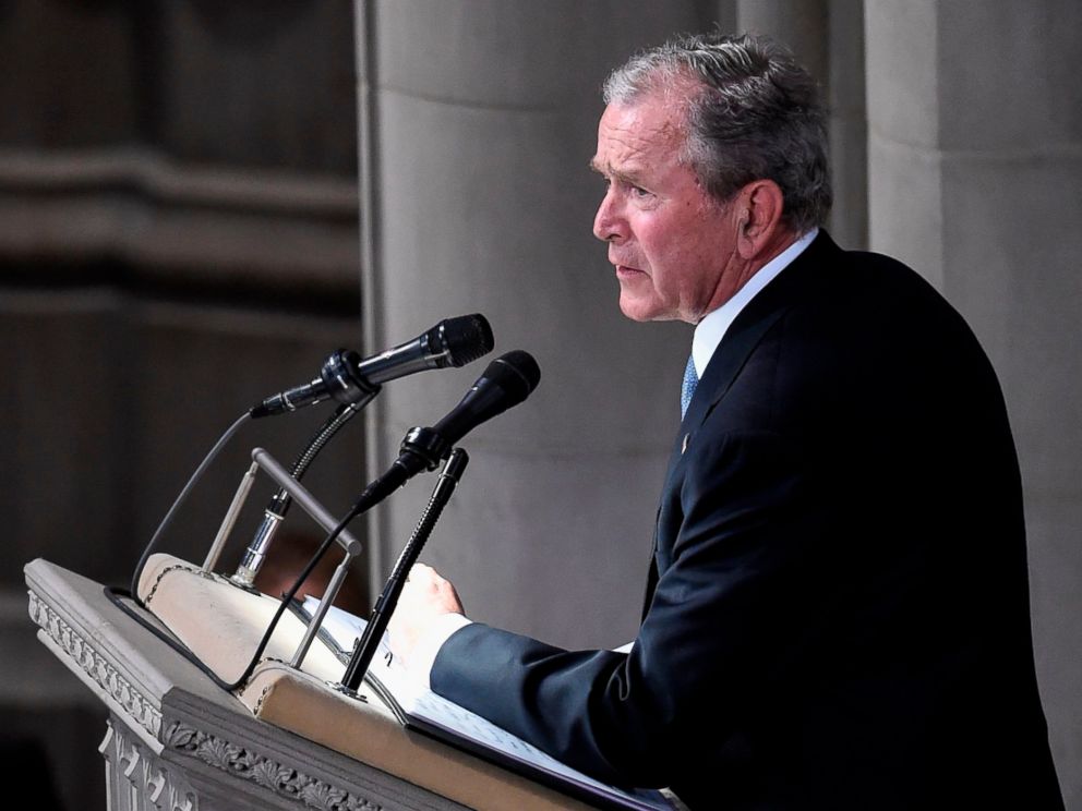 PHOTO: Former President George W. Bush speaks during a memorial service for Sen. John McCain at the Washington National Cathedral in Washington, D.C., Sept. 1, 2018.