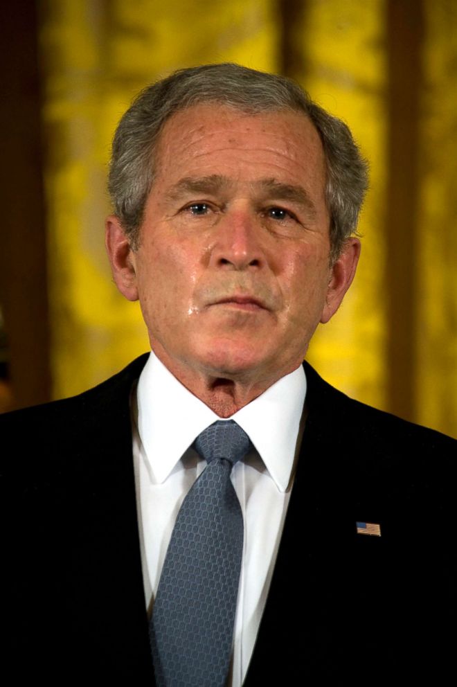 PHOTO: President George W. Bush weeps during a ceremony in the East Room of the White House before presenting the Medal of Honor to George and Sally Monsoor for the actions of their son during combat in Iraq.