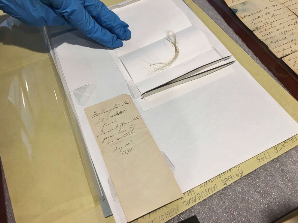 PHOTO: A lock of George Washington's hair and the envelope that contained it are seen on a table in the Union College library in Schenectady, N.Y., Feb. 14, 2018.