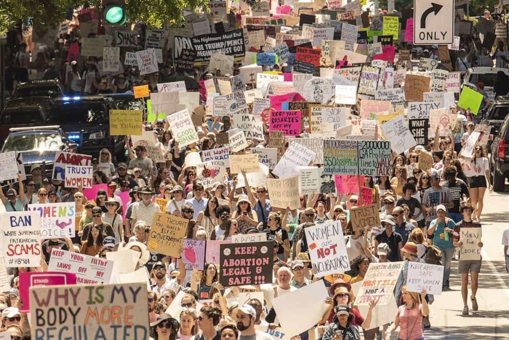 PHOTO: Thousands of protesters gathered at the Georgia State Capitol building in Atlanta to march in opposition to the HB481 ''heartbeat bill'' that will outlaw most abortions after six weeks, on May 25, 2019.