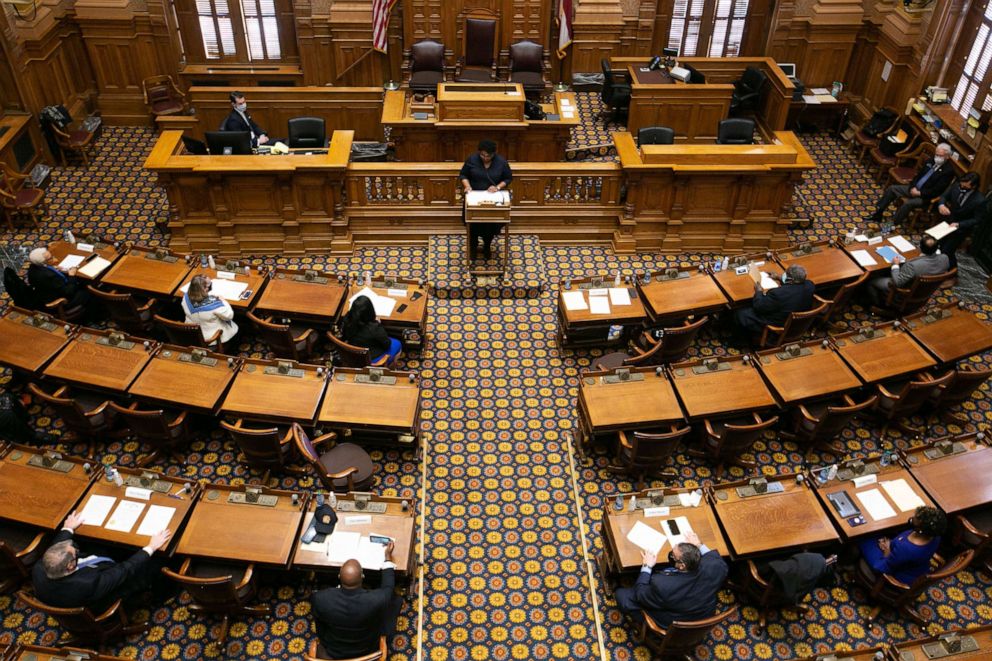 PHOTO: In this Dec. 14, 2020, file photo, Georgia Democratic Electors cast their Electoral College votes at the Georgia State Capitol in Atlanta. 16 Electoral College votes were cast for President-elect Joe Biden and Vice President-elect Kamala Harris.