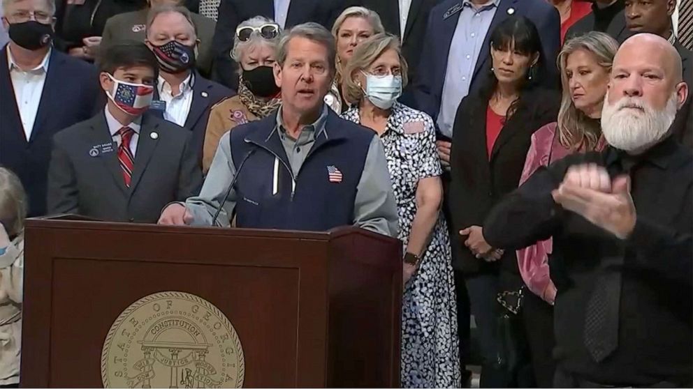 PHOTO: Georgia Gov. Kemp holds  a press conderence in response to the Major League Baseball decision to move the All-Star Game out of Atlanta, April 3, 2021.