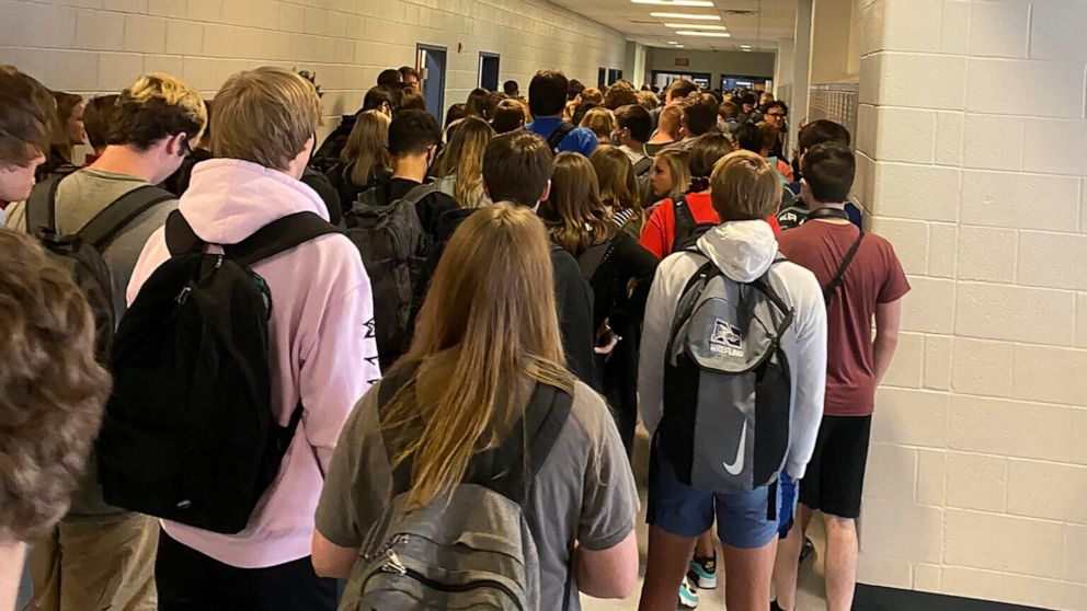 PHOTO: In this photo posted on Twitter, students crowd a hallway, Aug. 4, 2020, at North Paulding High School in Dallas, Ga.