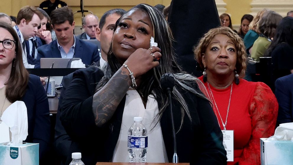 PHOTO: Wandrea "Shaye" Moss, former Georgia election worker, becomes emotional while testifying as her mother Ruby Freeman watches during the fourth hearing in Washington, June 21, 2022.
