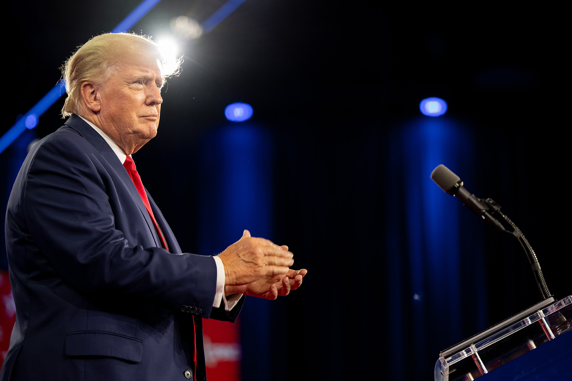 PHOTO: Former U.S. President Donald Trump applauds upon arrival at the Conservative Political Action Conference in Dallas, Aug. 6, 2022.