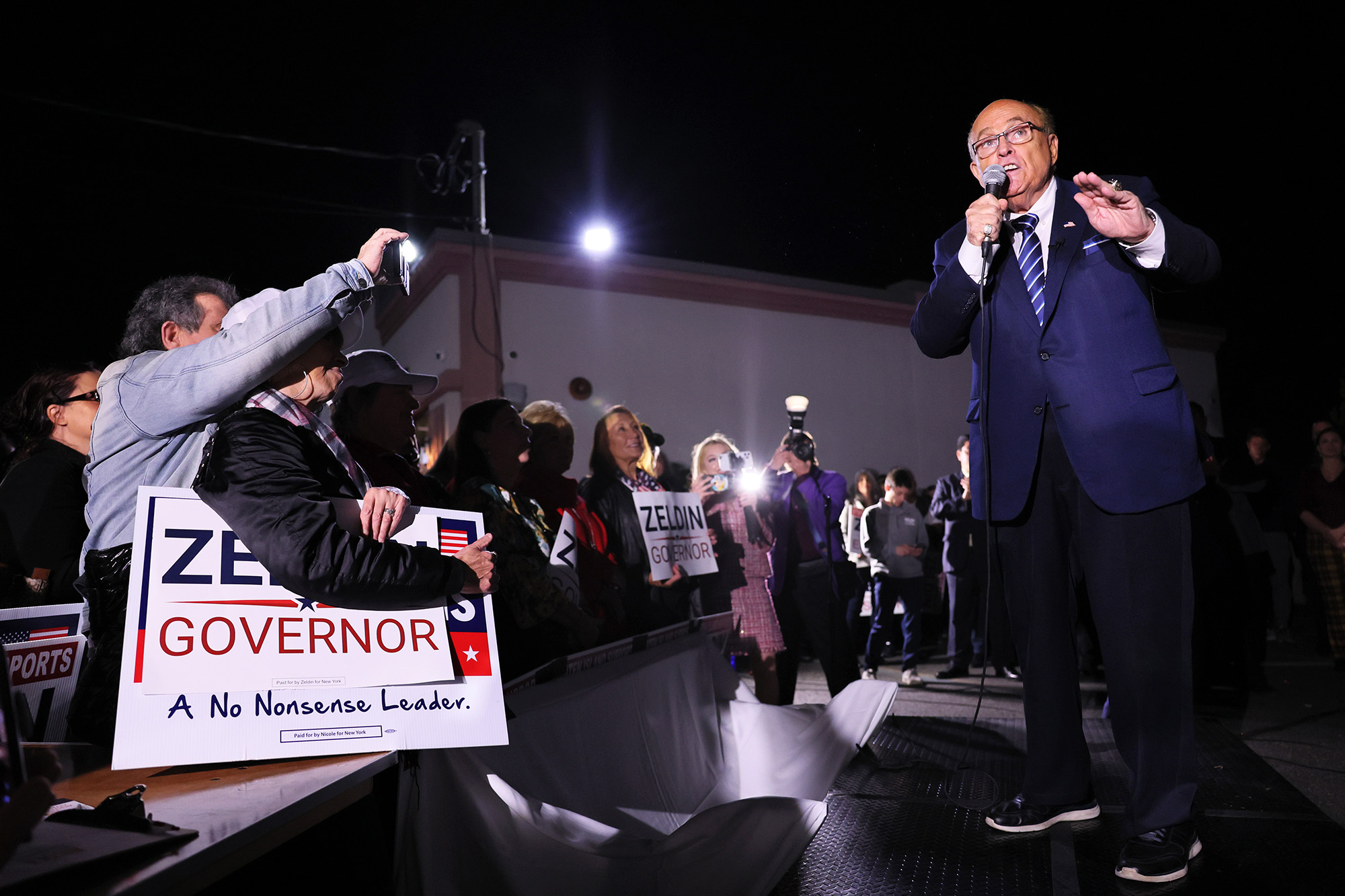 PHOTO: Former New York City Mayor Rudy Giuliani speaks during a Get Out the Vote Bus Tour in the Staten Island borough of New York, Nov. 1, 2022.
