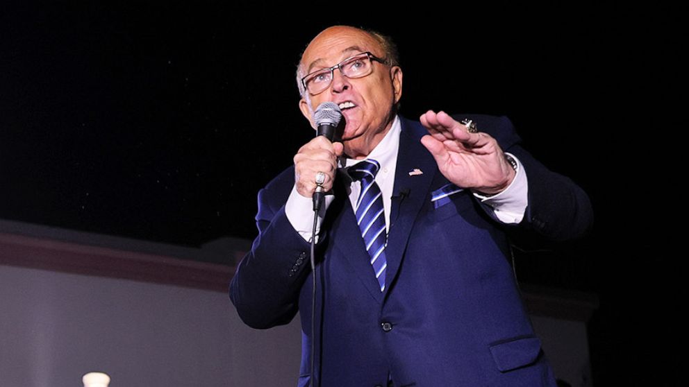 PHOTO: Former New York City Mayor Rudy Giuliani speaks during a Get Out the Vote Bus Tour in the Staten Island borough of New York, Nov. 1, 2022.