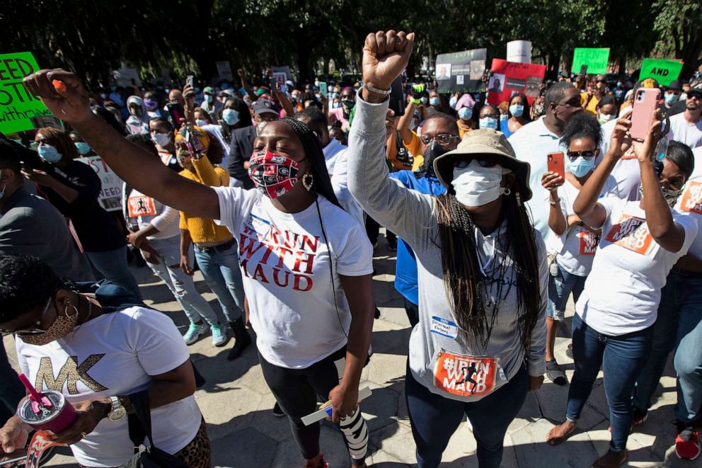 PHOTO: People hold a rally to protest the shooting of Ahmaud Arbery in Brunswick, Ga., May 8, 2020.