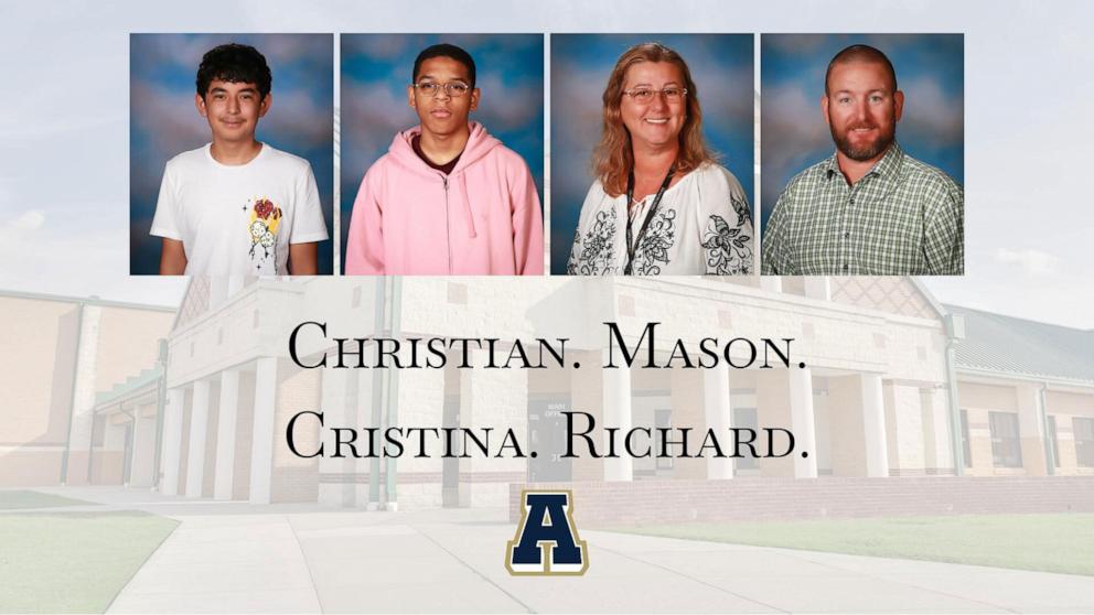 PHOTO: Christian Angulo, Mason Schermerhorn, Richard Aspinwall and Christina Irimie all died at the Apalachee High School shooting in Winder, Georgia, Sept. 5, 2024. 