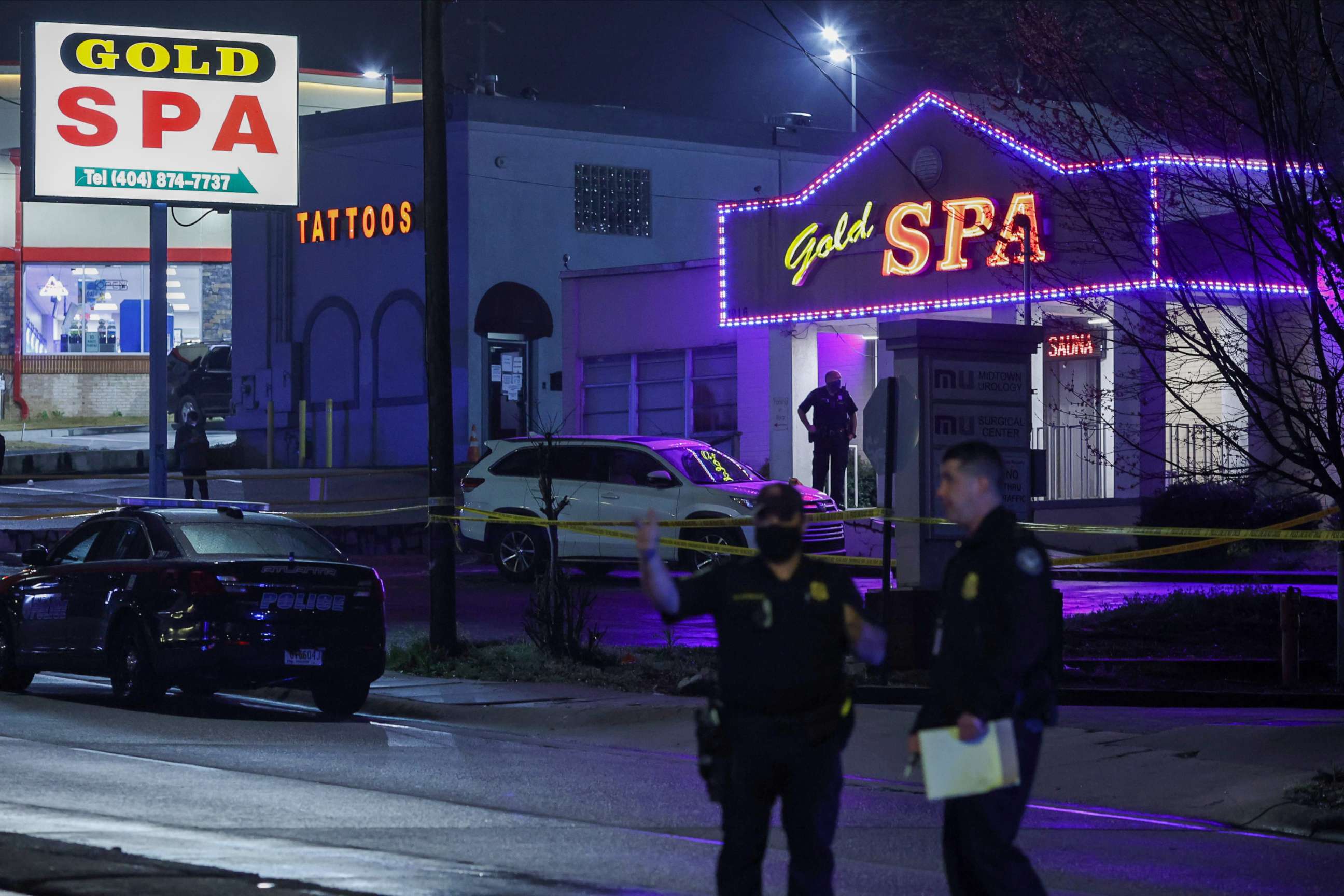 PHOTO: City of Atlanta police officers are seen outside of Gold Spa after deadly shootings at multiple locations in the Atlanta area, March 16, 2021.