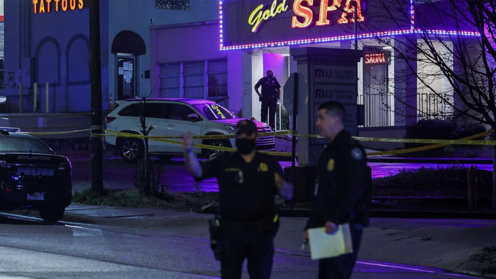 PHOTO: City of Atlanta police officers are seen outside of Gold Spa after deadly shootings at multiple locations in the Atlanta area, March 16, 2021.