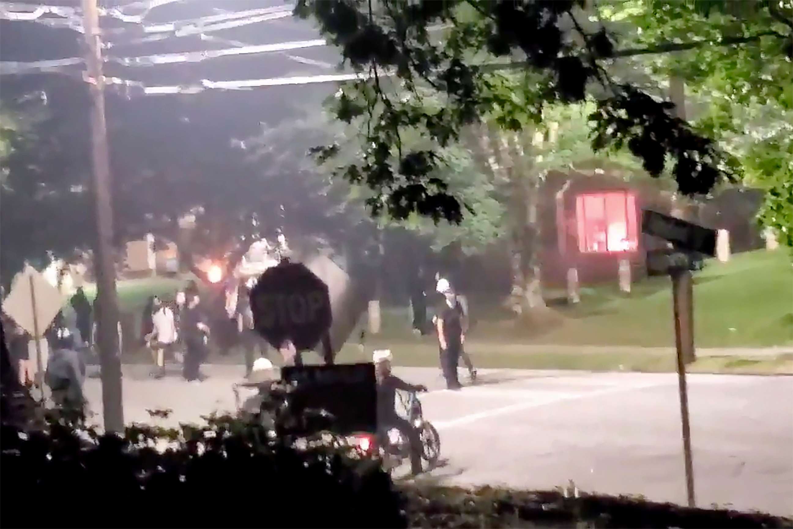 PHOTO: The building, seen right in the background, that houses Georgia State Patrol headquarters is vandalized in Atlanta, July 5, 2020.