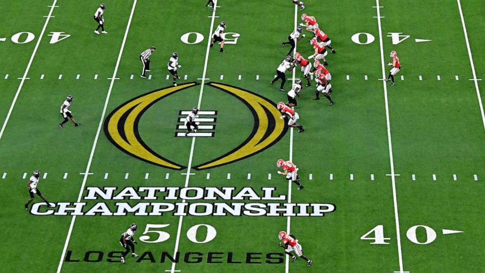 PHOTO: INGLEWOOD, CALIFORNIA - JANUARY 09: A view of the National Championship logo on the field as the Georgia Bulldogs run a play against the TCU Horned Frogs in the College Football Playoff National Championship game at SoFi Stadium on Jan. 9, 2023.