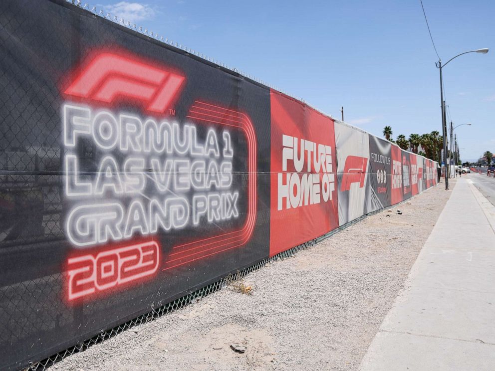 PHOTO: Formula 1 branding as construction takes place on the 3.8-mile, 50-lap course for the Las Vegas Grand Prix, June 1, 2023.