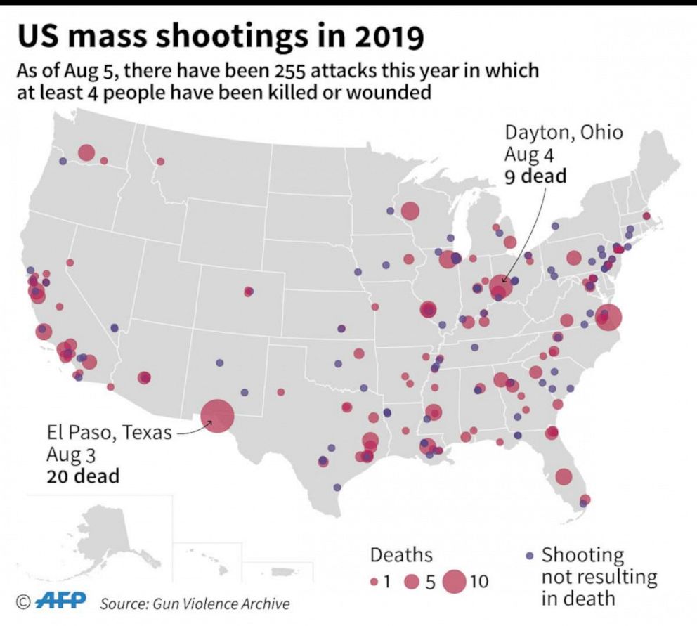 PHOTO: A map shows the locations of mass shootings in the U.S. since January 2019 that have resulted in at least 4 people being killed or wounded, according to the Gun Violence Archive.