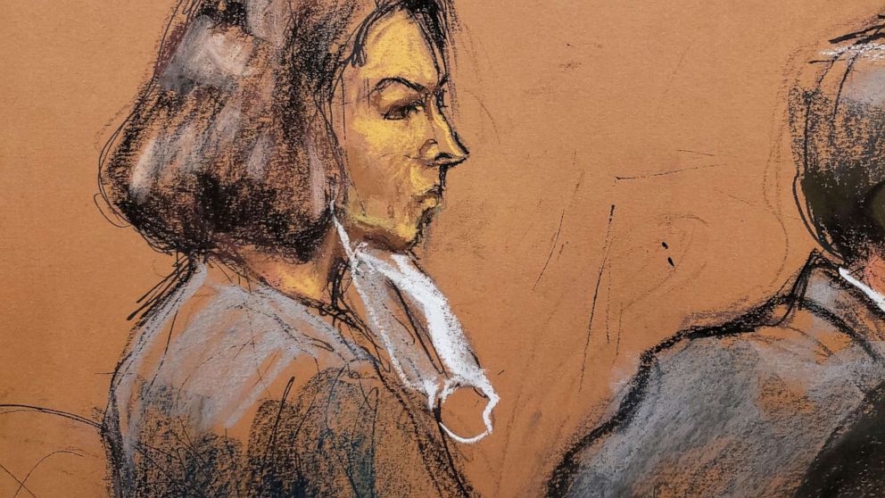 PHOTO: Jeffrey Epstein associate Ghislaine Maxwell sits at the defense table as juror number 50 answers questions from Judge Alison Nathan about his answers on the juror questionnaire in a courtroom sketch in New York, March 8, 2022.